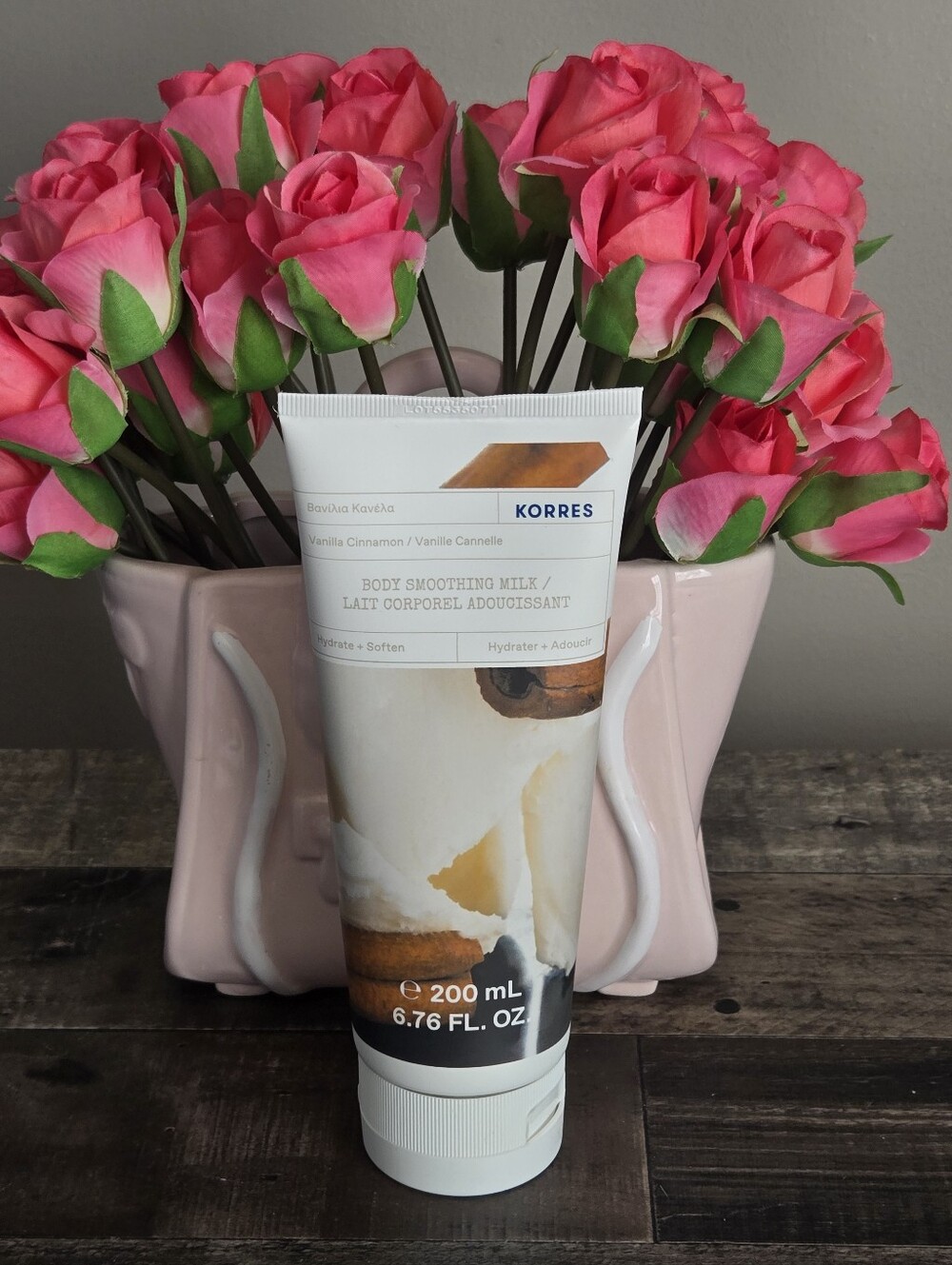 Korres Body Smoothing Milk in pink and white packaging